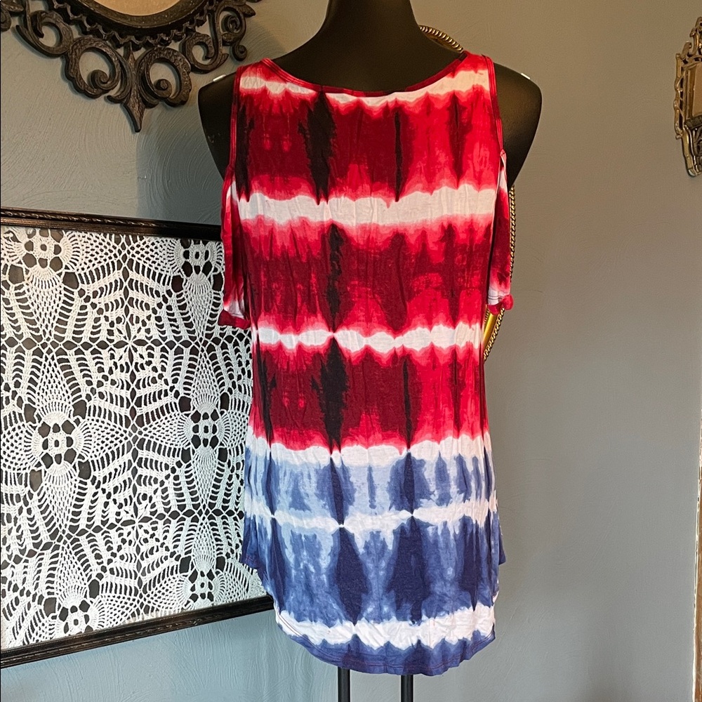 Rock & Republic Red White Blue Tie-Dye Cold-Shoulder Tank - Picture 3 of 5
